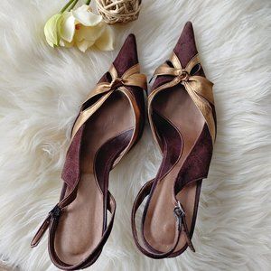 Brown Suede Gold Leather Pointed-Toe Slingback Pumps (37 European)